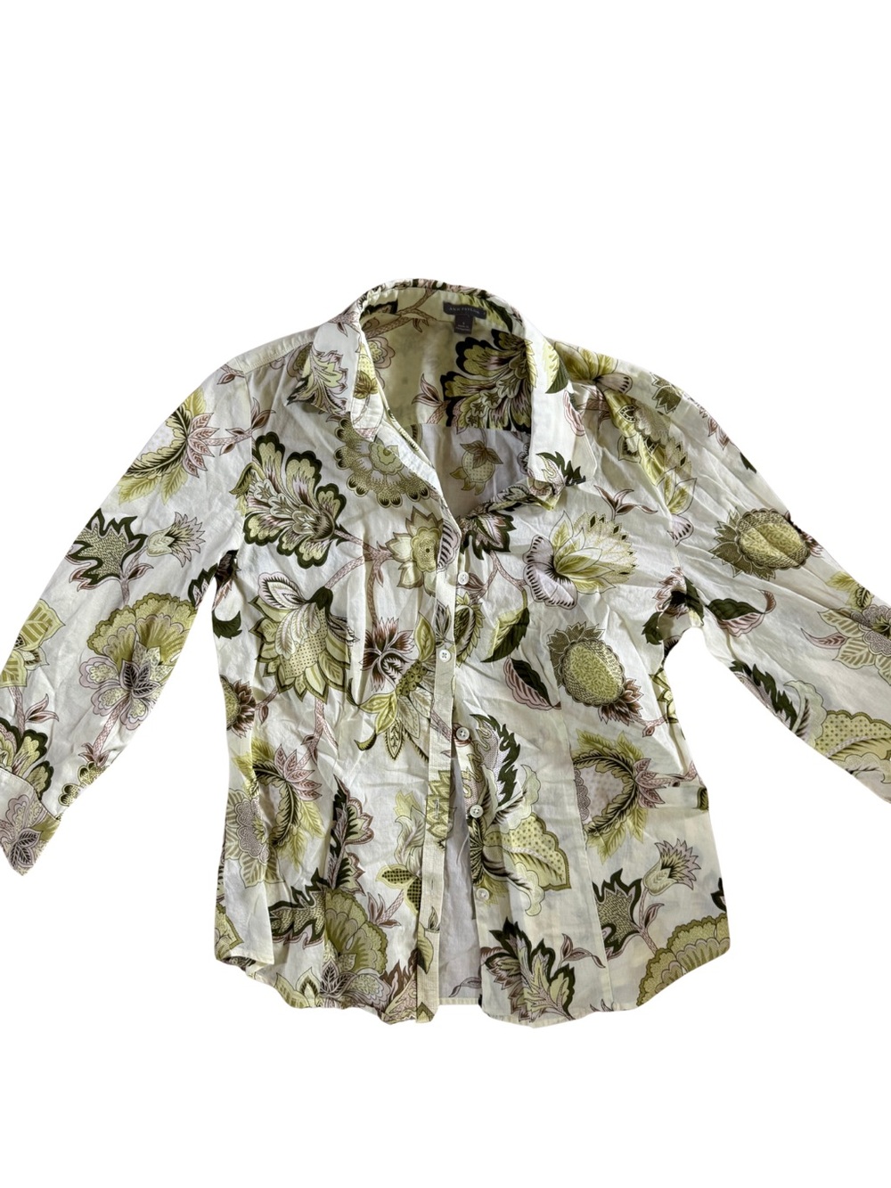 Ann Taylor White Button-Down Shirt with Olive Green Floral Print